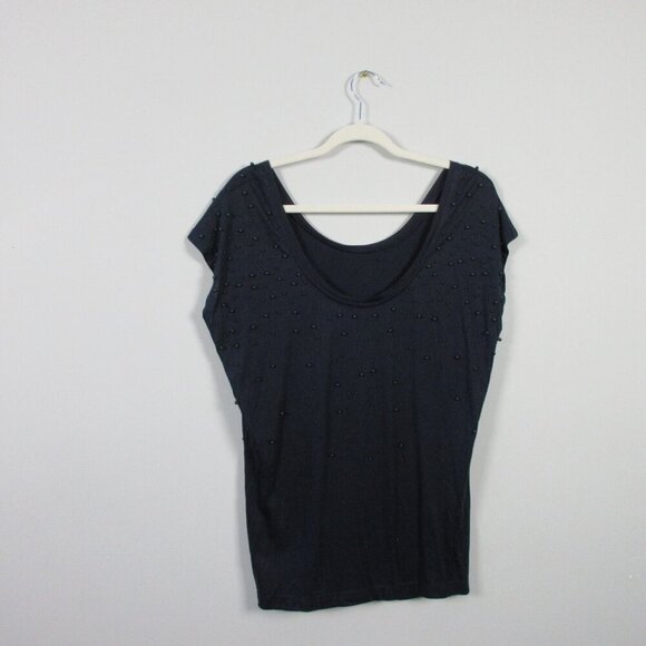Club Monaco Women's Top Blouse S Blue Short Sleeve Beaded Rayon Blend Casual 184 - Picture 2 of 13